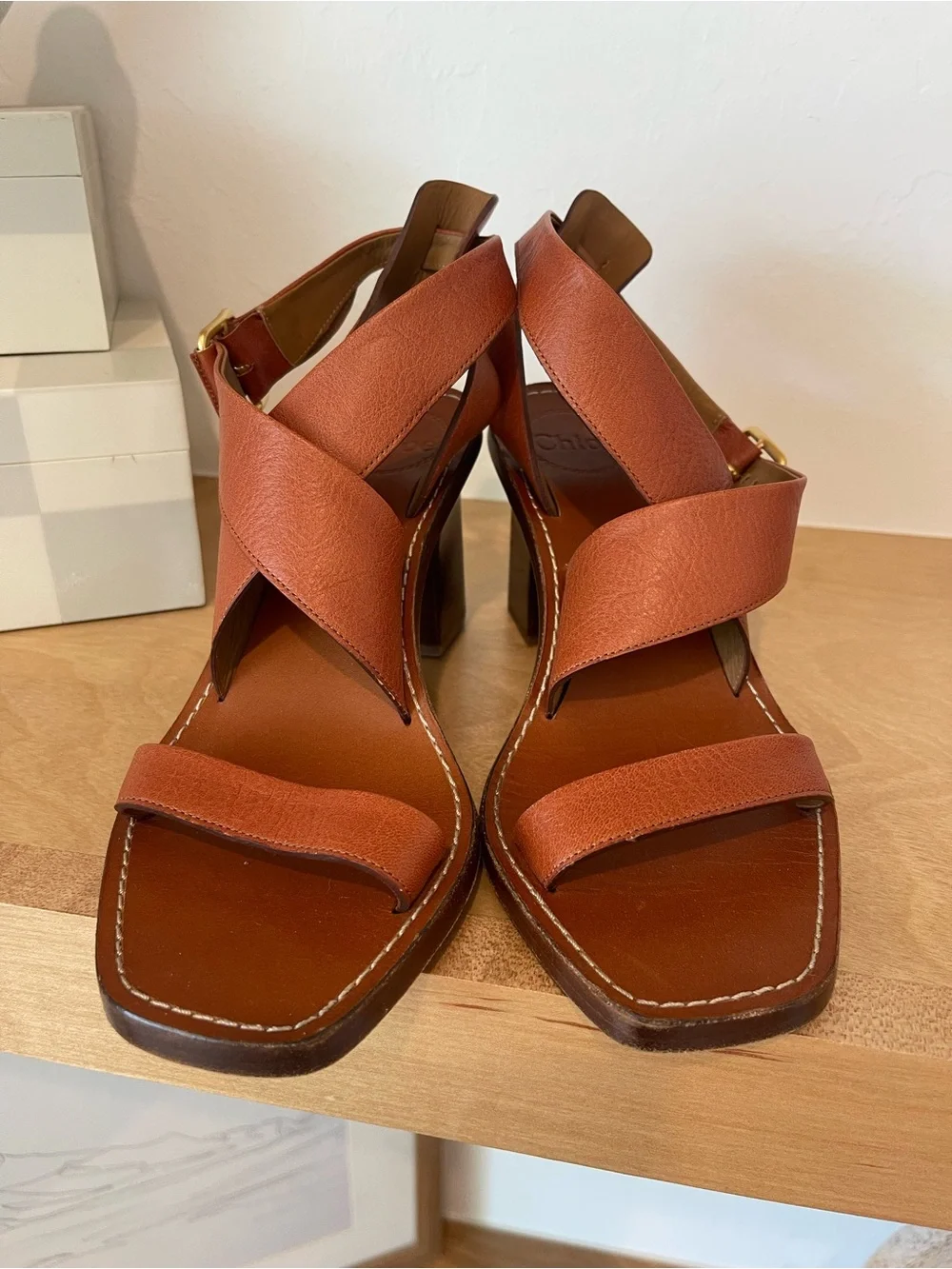 Chloe Virginia Chestnut Strappy Criss Cross Square Toe Sandals Heels Shoes 37